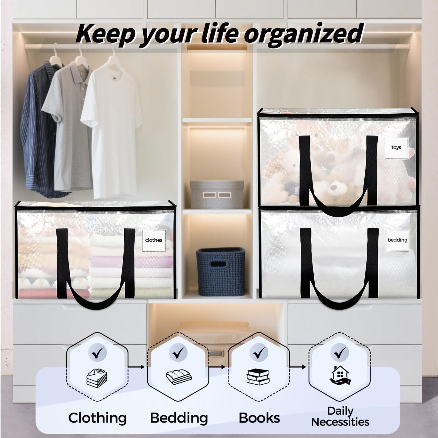 8 Pack Extra Large Clothes Storage Bins with Lids, Storage Bags with Reinforced Handles &