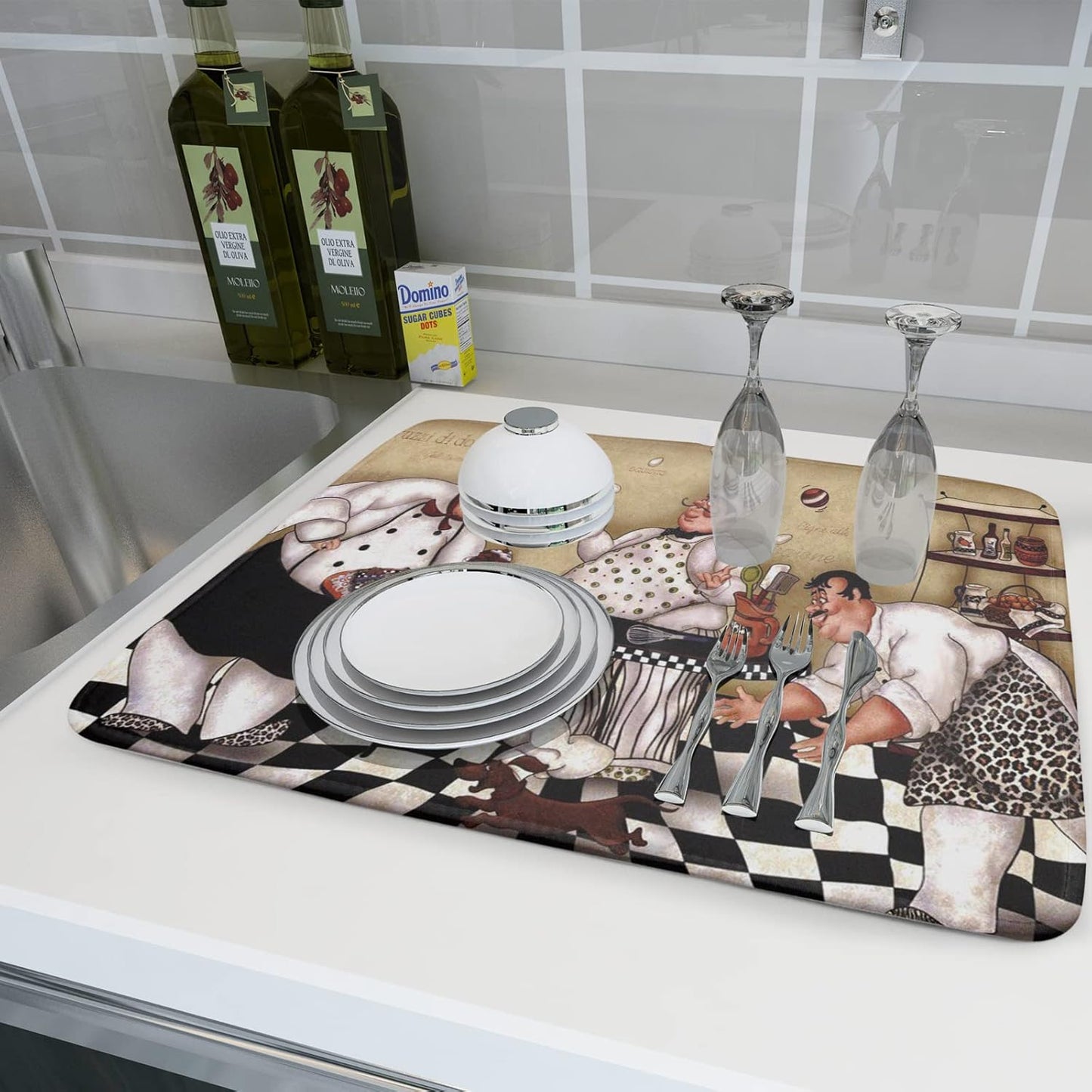 Fat Chef Dish Drying Mats for Kitchen Counter 16x18 Inch Buffalo Plaid Cooking Utensils Absorbent