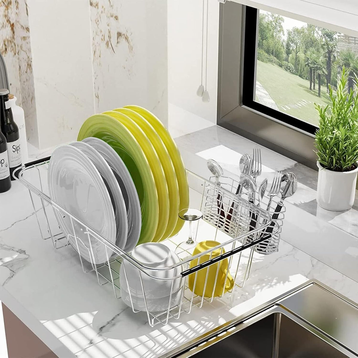 Sink Dish Drainer Rack, Expandable 304 Stainless Steel Dish Drying Rack Organizer with Stainless