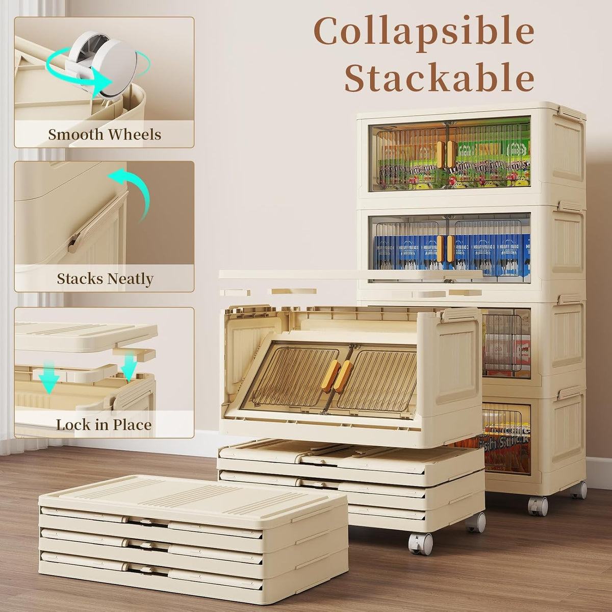 4 Tier Stackable Plastic Storage Bins with Lids 48QT, Collapsible Closet Organizers and Storage