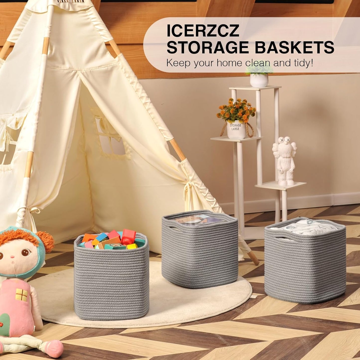 11 Inch Cube Storage Bins, Storage Cube Organizer Bins, Woven Cotton Rope Basket for Storage