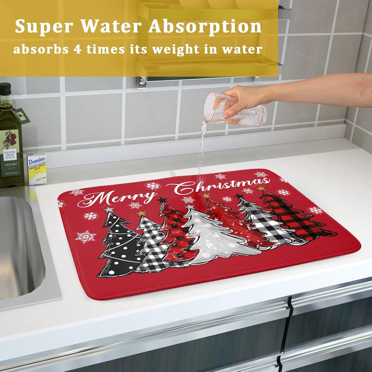 Merry Christmas Dish Drying Mats for Kitchen Counter 18x16 Inch Christmas Tree Snowflake Mat Xmas