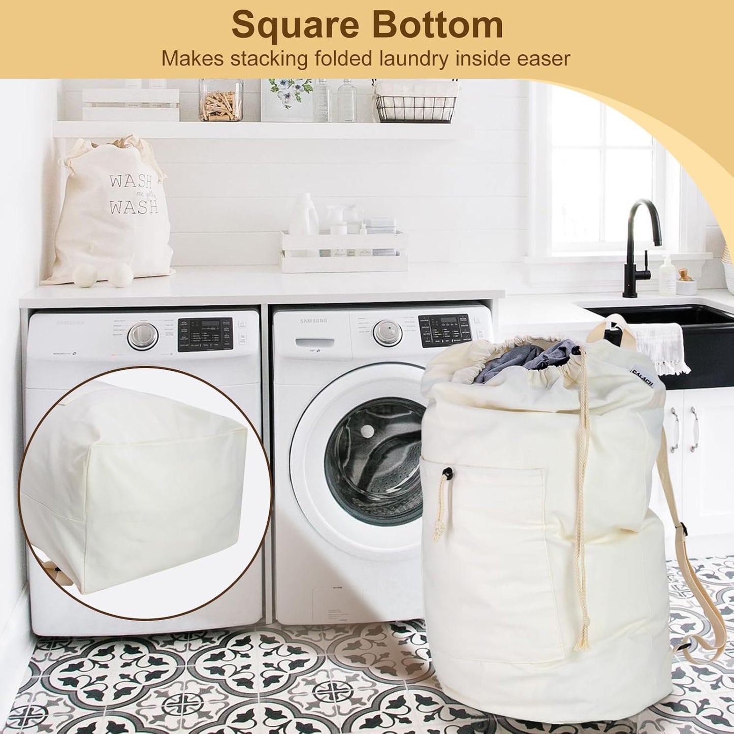 Laundry Bag Backpack, Canvas Laundry Bag with Straps & Drawstring Closure Washable Dirty Cloth