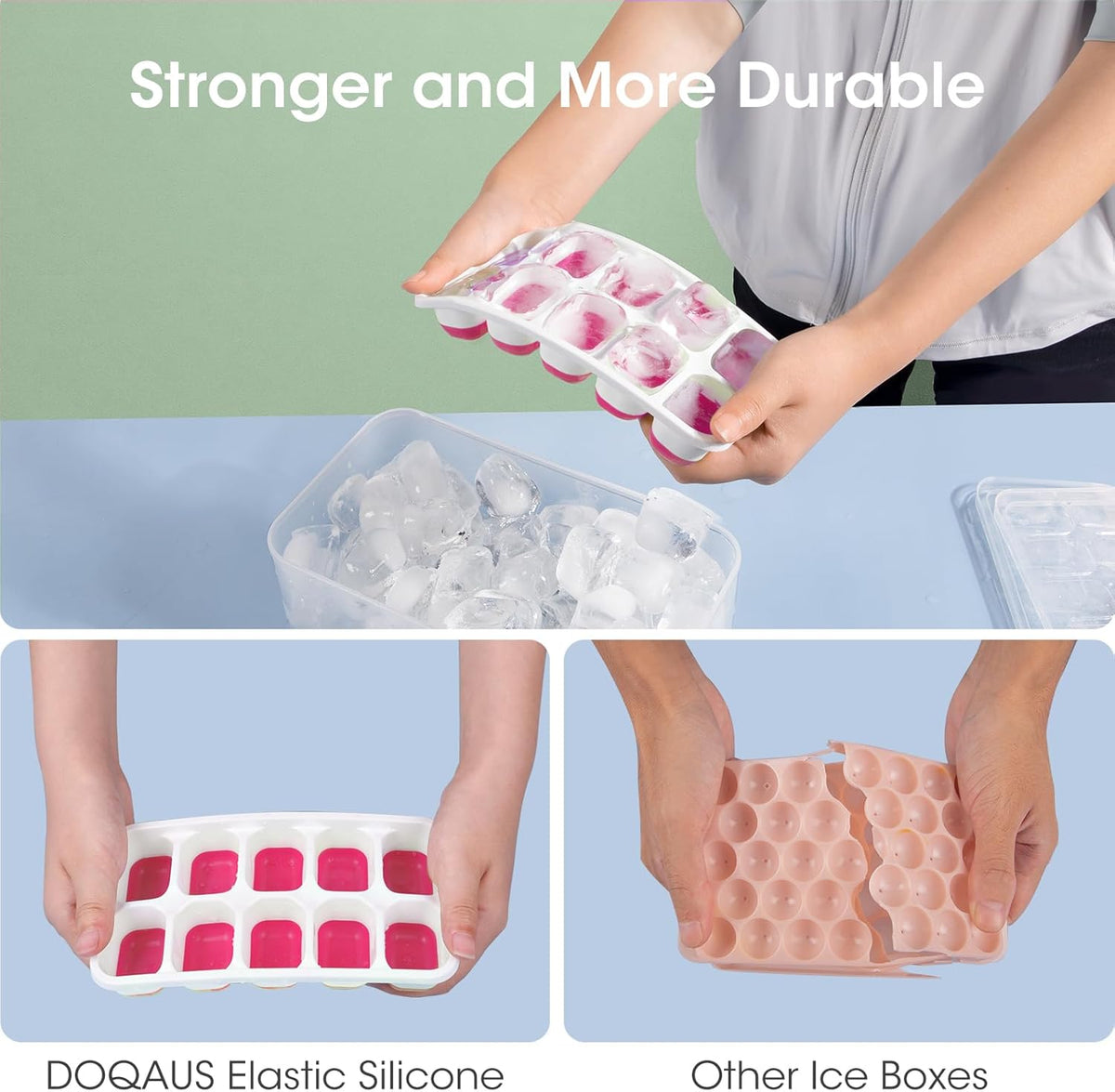 DOQAUS Ice Cube Tray with Lid and Bin, 4 Pack Silicone Plastic Ice Cubes Trays for Freezer with