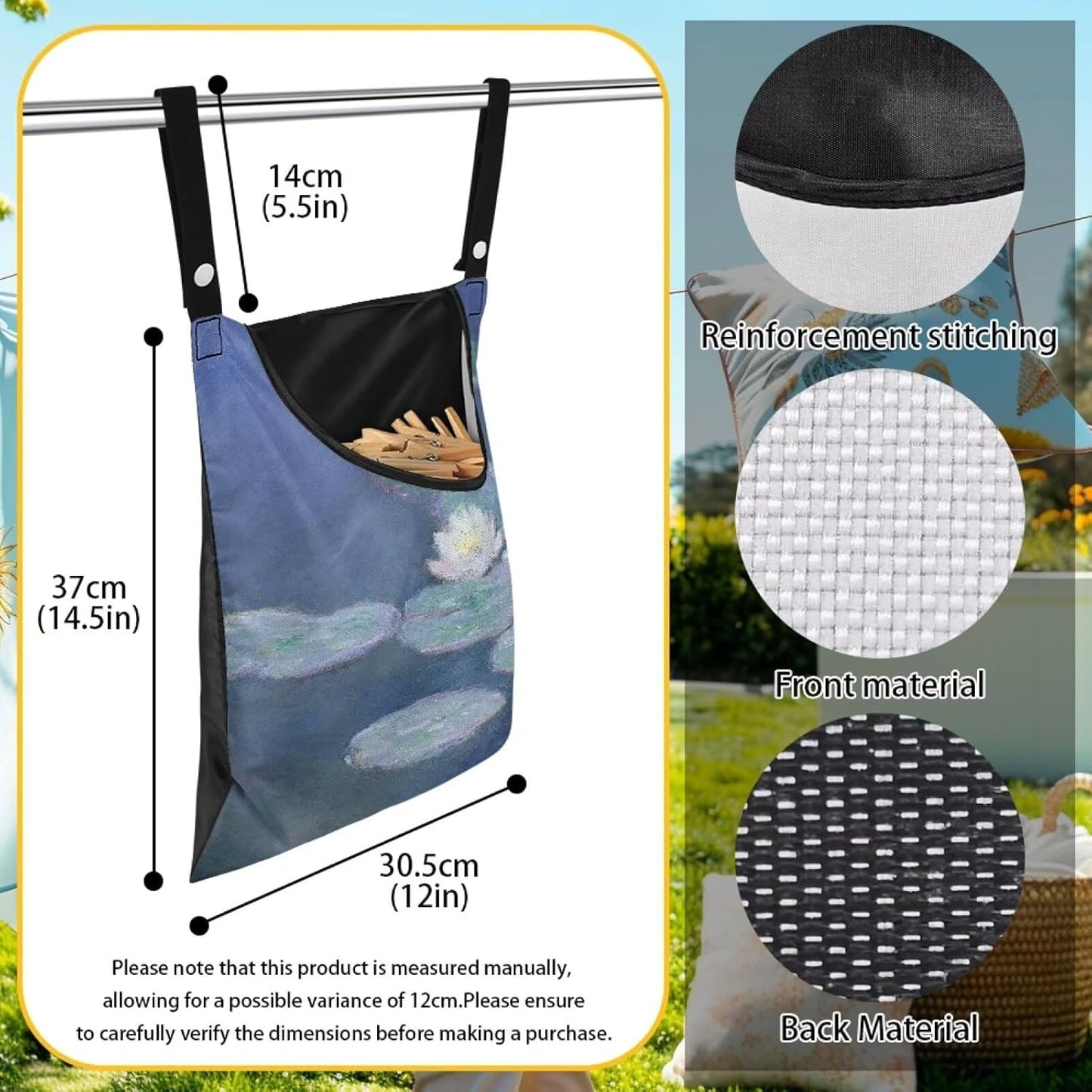 Outdoor Clothespin Storage Bag with Windproof Design - Monet Water Lilies Print Heavy Duty