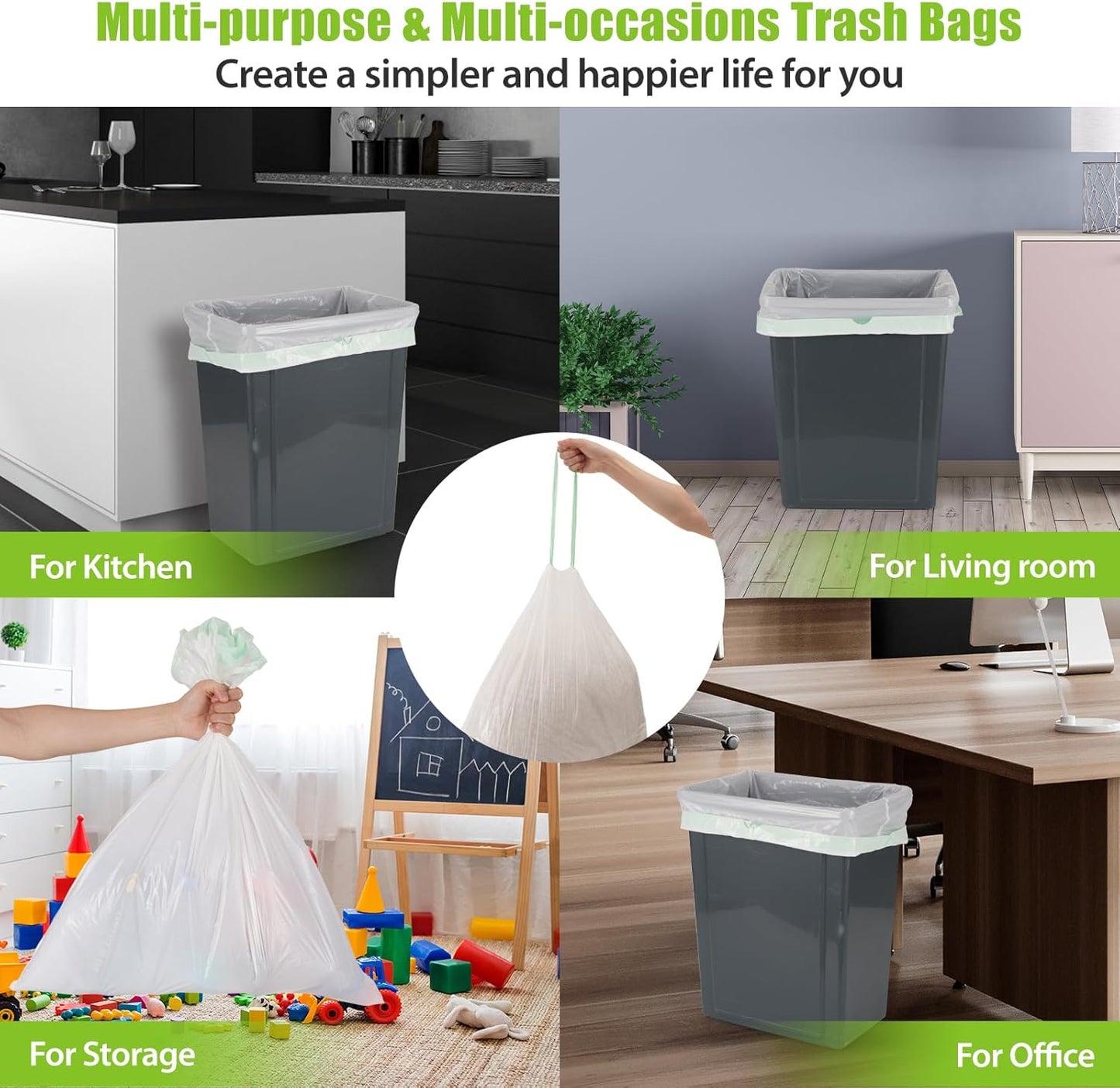 Large Trash Bags 13 Gallon Tall Drawstring 100% Post-Consumer Recycled Garbage Bag Waste Bag for