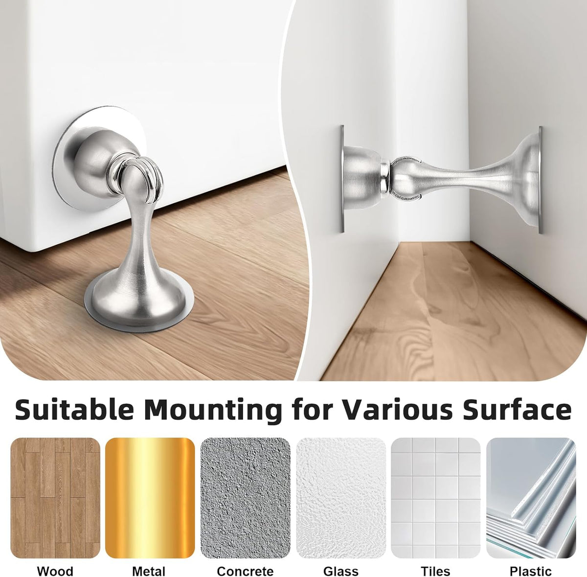 Probrico Brushed Nickel Magnetic Door Stoppers for Bottom of Door, Stainless Steel Magnet Door