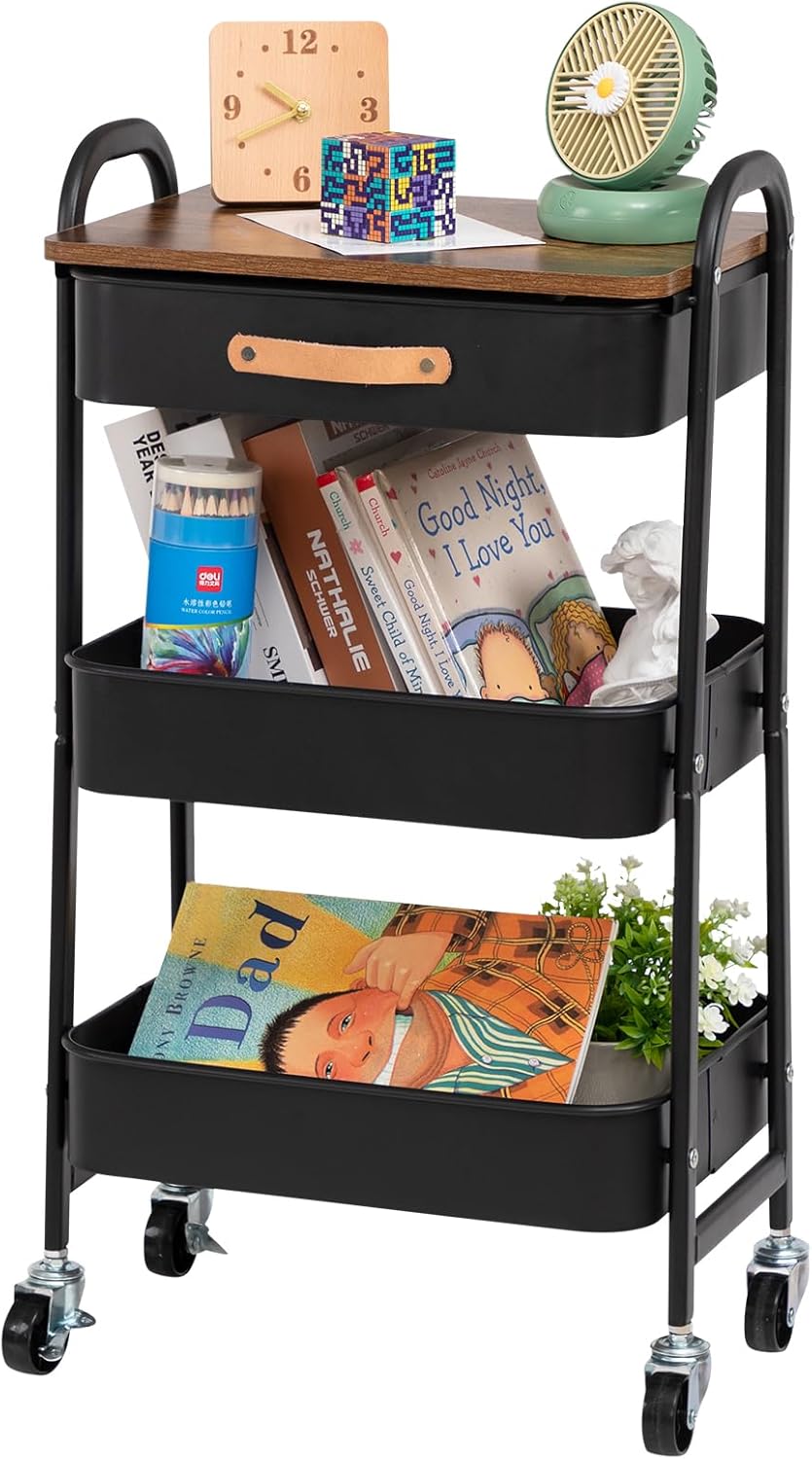 AGTEK Movable Rolling Organizer Cart with Drawer, 3 Tier Metal Utility Cart with Hanging Cups