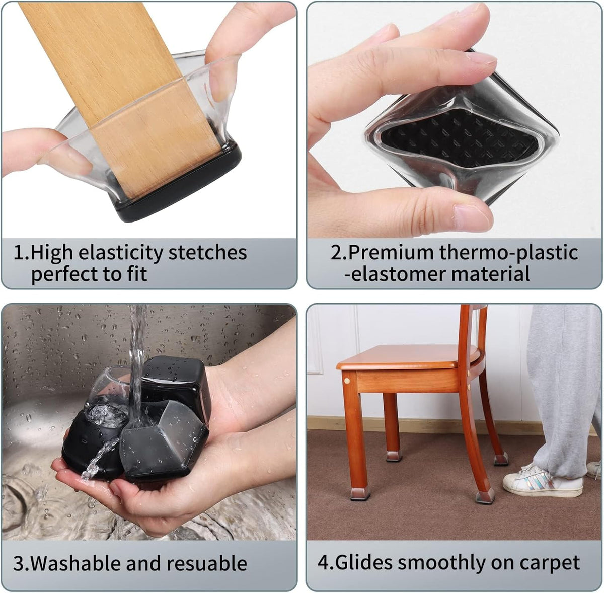 Ezprotekt 8 Pcs Large Clear Chair Leg Sliders for Carpet, Square Teflon Furniture Glides Pads Caps