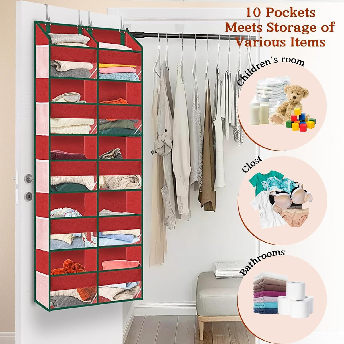 Over The Door Organizer 5 Tiers, Extra Large Behind Door Storage of 10 Compartments, 80 lbs Weight