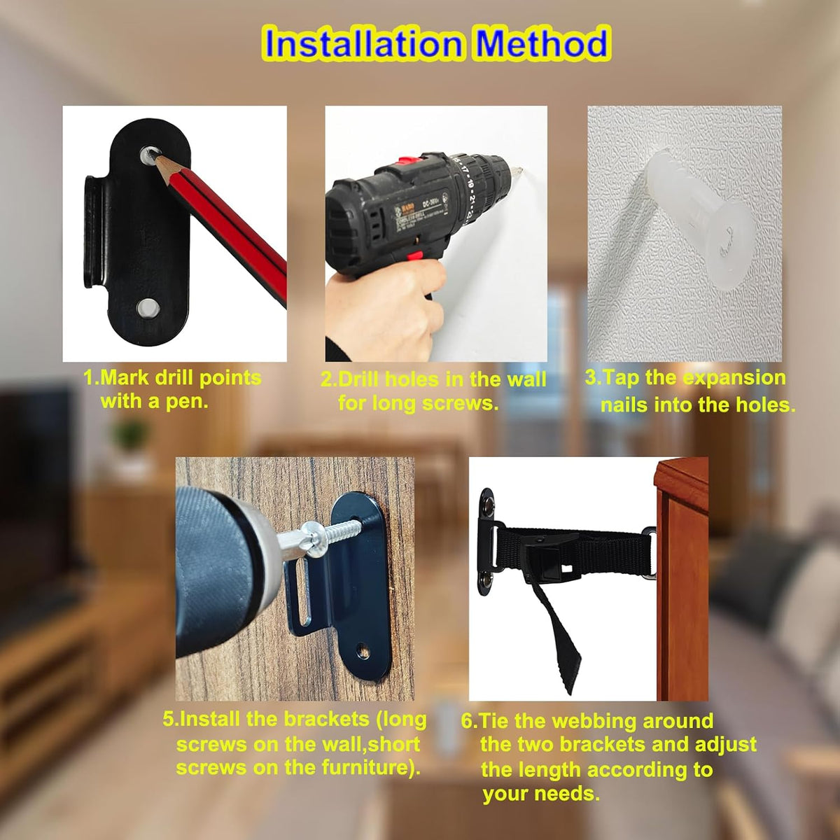 Anti Tip Furniture Anchors (2 Sets),Heavy Duty Furniture Wall Anchor,Adjustable Earthquake