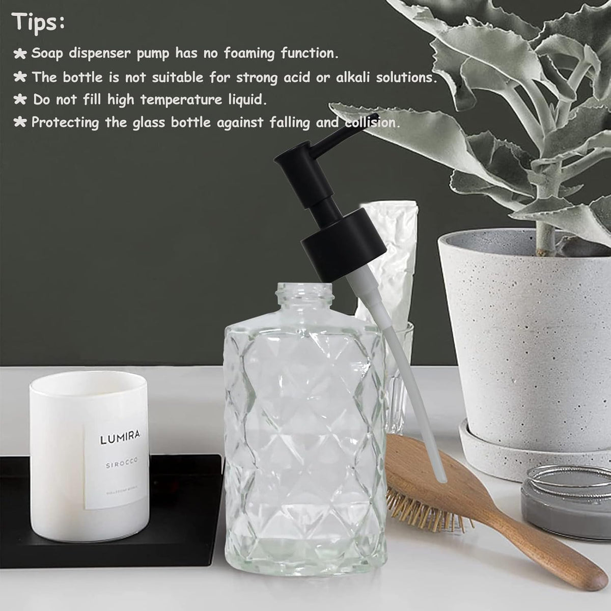 Crystal Glass Soap Dispenser, 12oz Clear Bathroom Hand Dispenser, Lotion Dispenser with Black