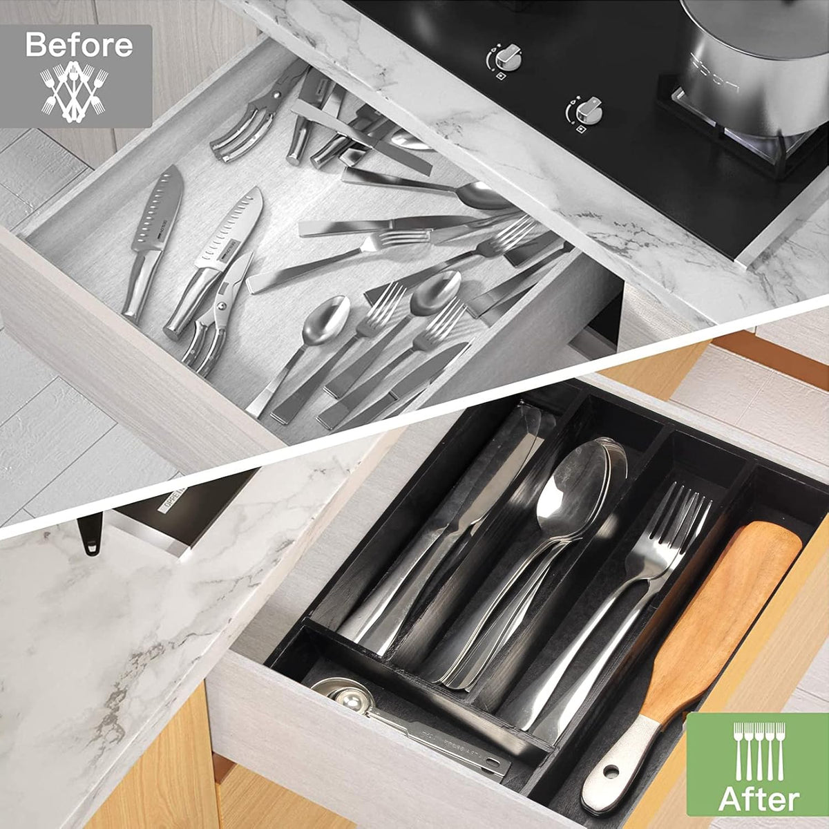 Kitchen Wood Utensil Tray Silverware Drawer Organizer Wooden Cutlery Trays Flatware Organizers