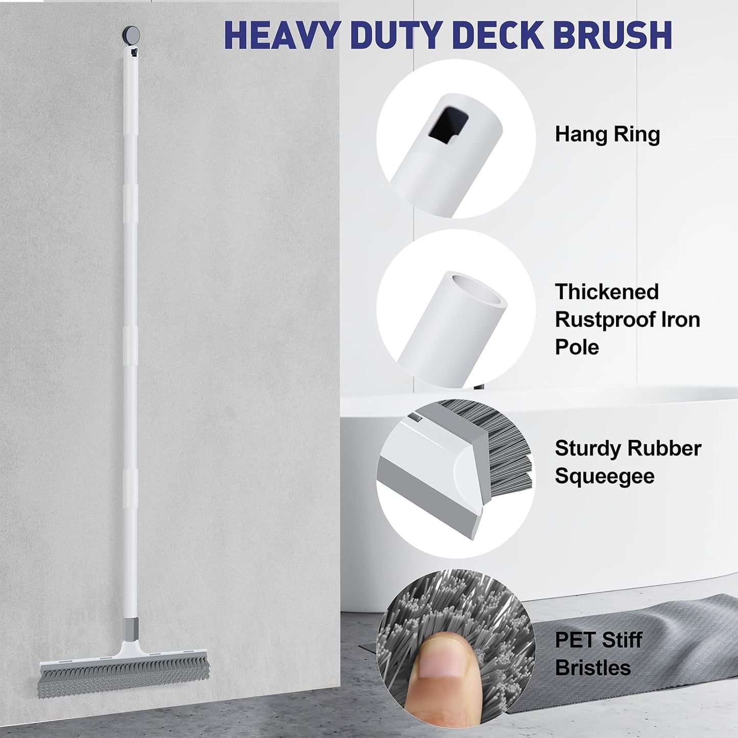 Floor Scrub Brush with 60 inch Long Handle, 2 in 1 Heavy Duty Stiff Bristle Floor Scrubber Brush