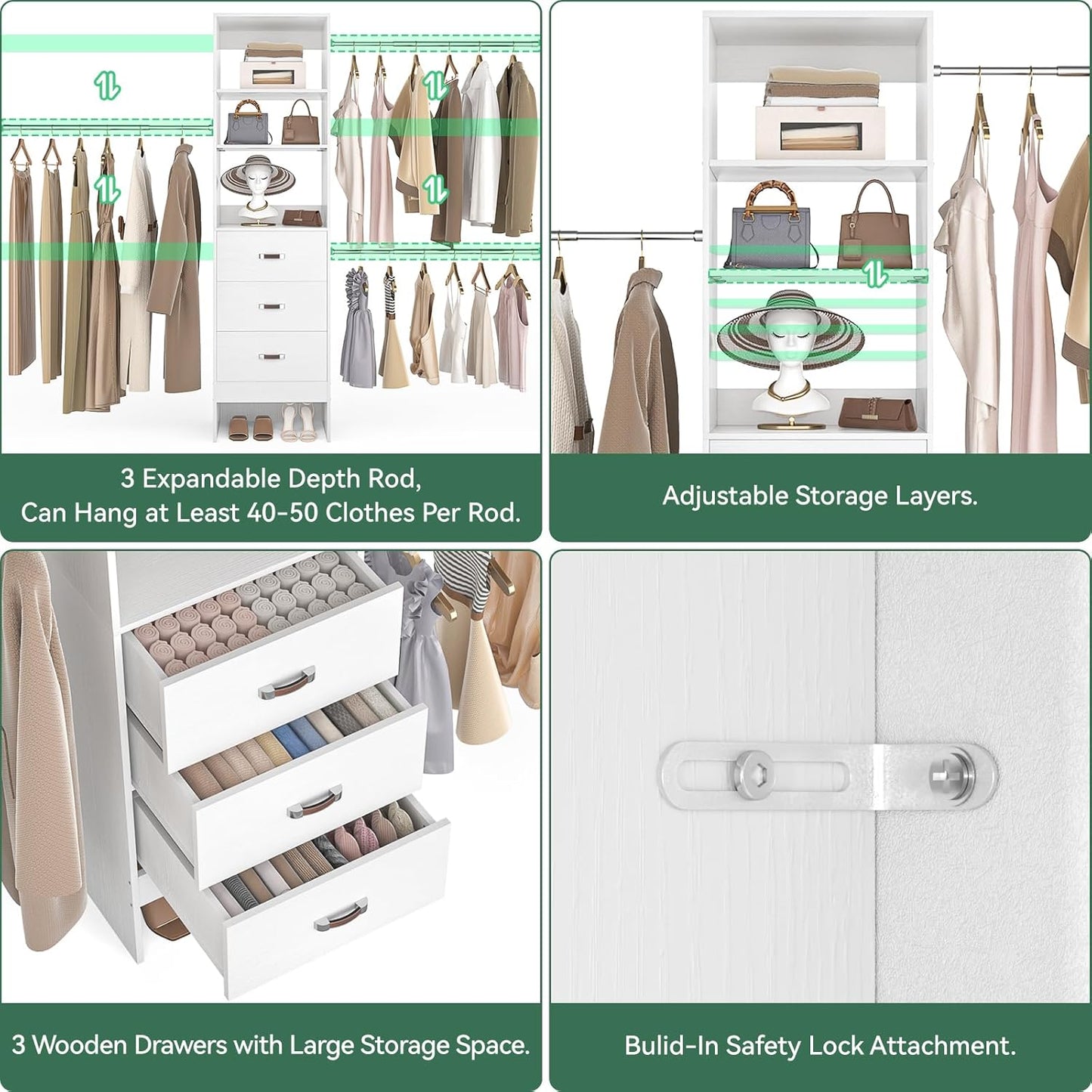 96'' Closet Organizer System with 3 Hanging Rods (Without 3 Storage Shelves), 8FT Closet Systems