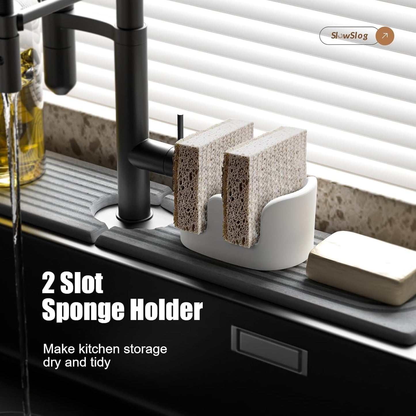 2 Pack Double Sponge Holder, Diatomite Stone Absorbent Sponge Stand for Kitchen Sink - Quick Dry