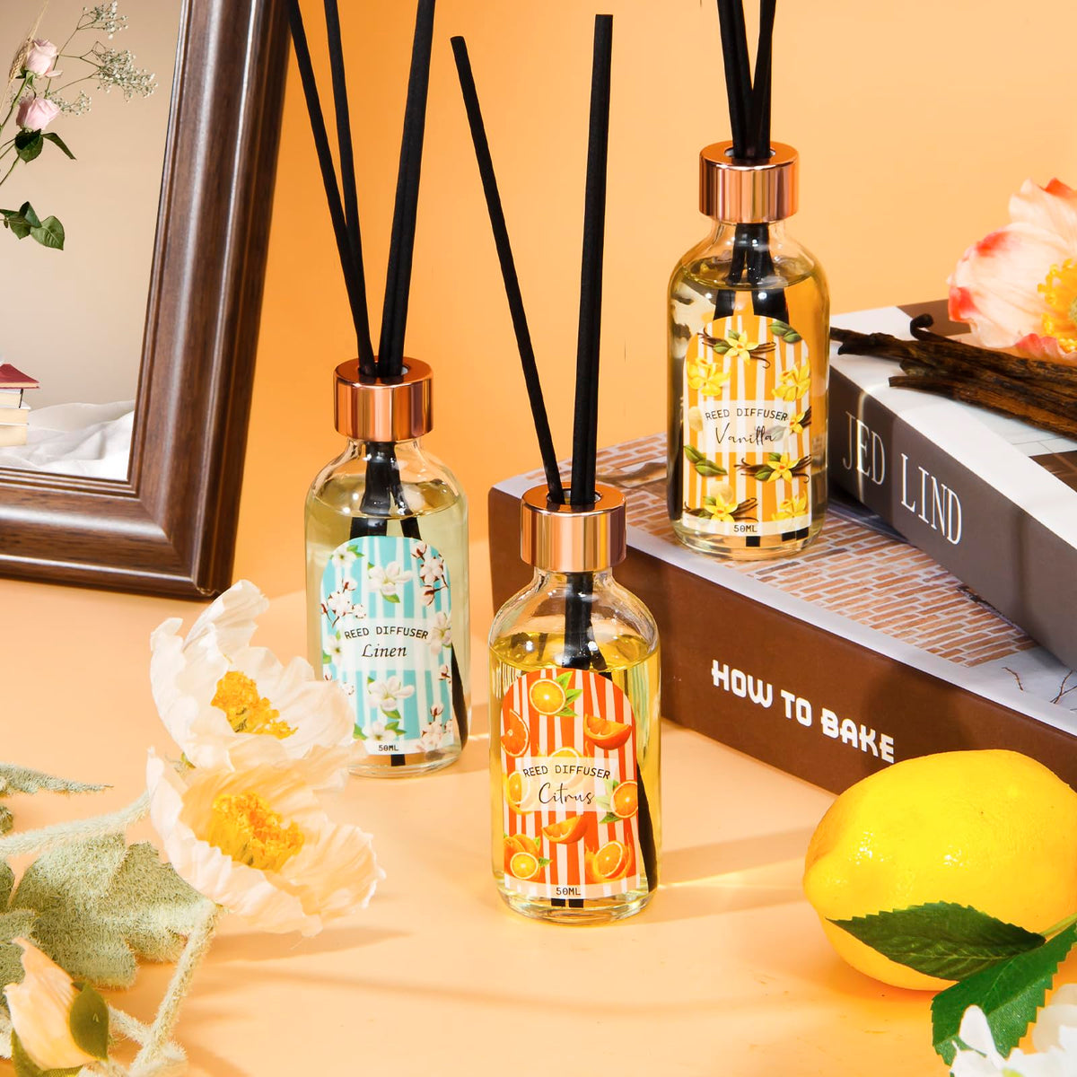 Reed Diffuser Set of 3 Pack, Linen Vanilla Citrus Scented Oil Diffuser with 15 Sticks, Reed
