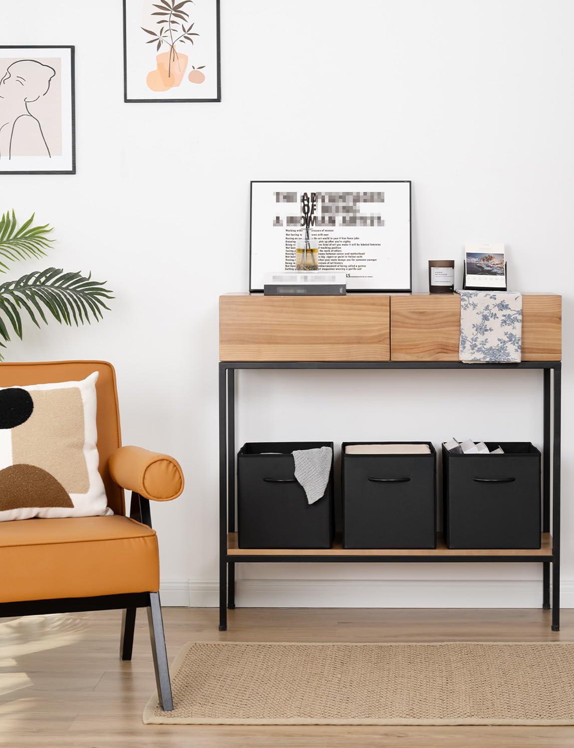StorageWorks Black Storage Cubes, 11-inch Leather Bins with Handle, Cube Organizer Baskets for