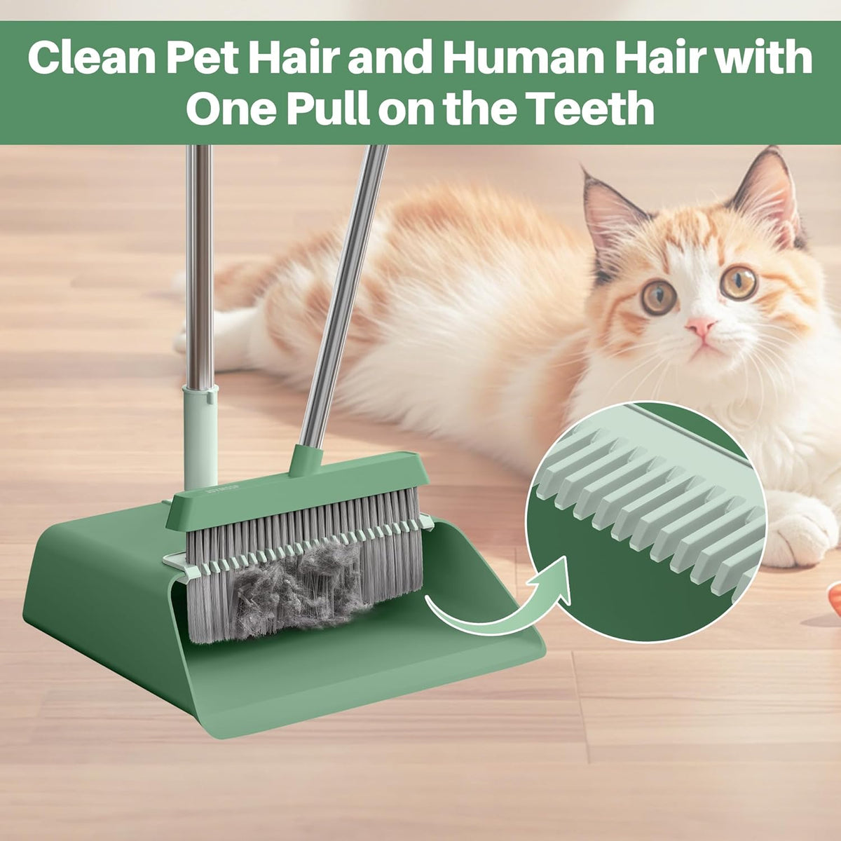 JOYMOOP Dark Teal Green Broom and Dustpan Set, Upright Angle with Built-in Comb Teeth, Ideal for