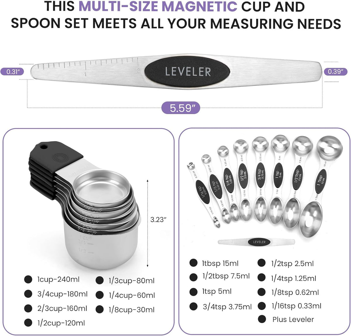 Magnetic Measuring Cups and Spoons Set-Heavy Duty 304 Stainless Steel,Double Measurement