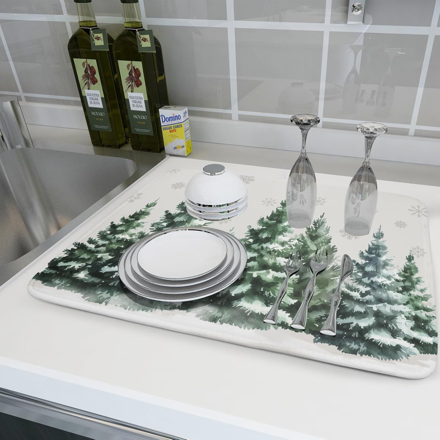 Christmas Pine Tree Dish Drying Mat for Kitchen Counter 18x24 Inch Winter Decorative Dishes Mats