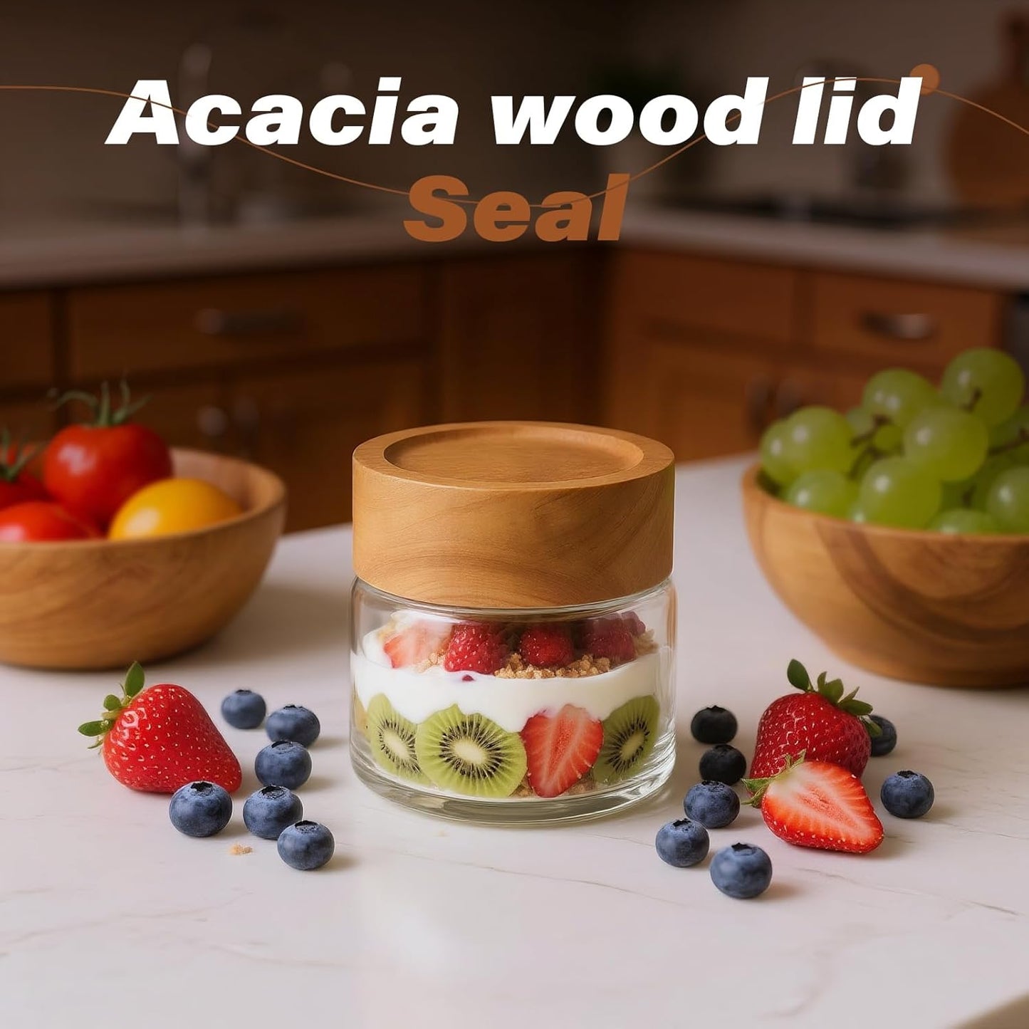 6-Pack 4 oz Stackable Airtight Glass Canisters with Acacia Lids - Small Mason Jars for Overnight