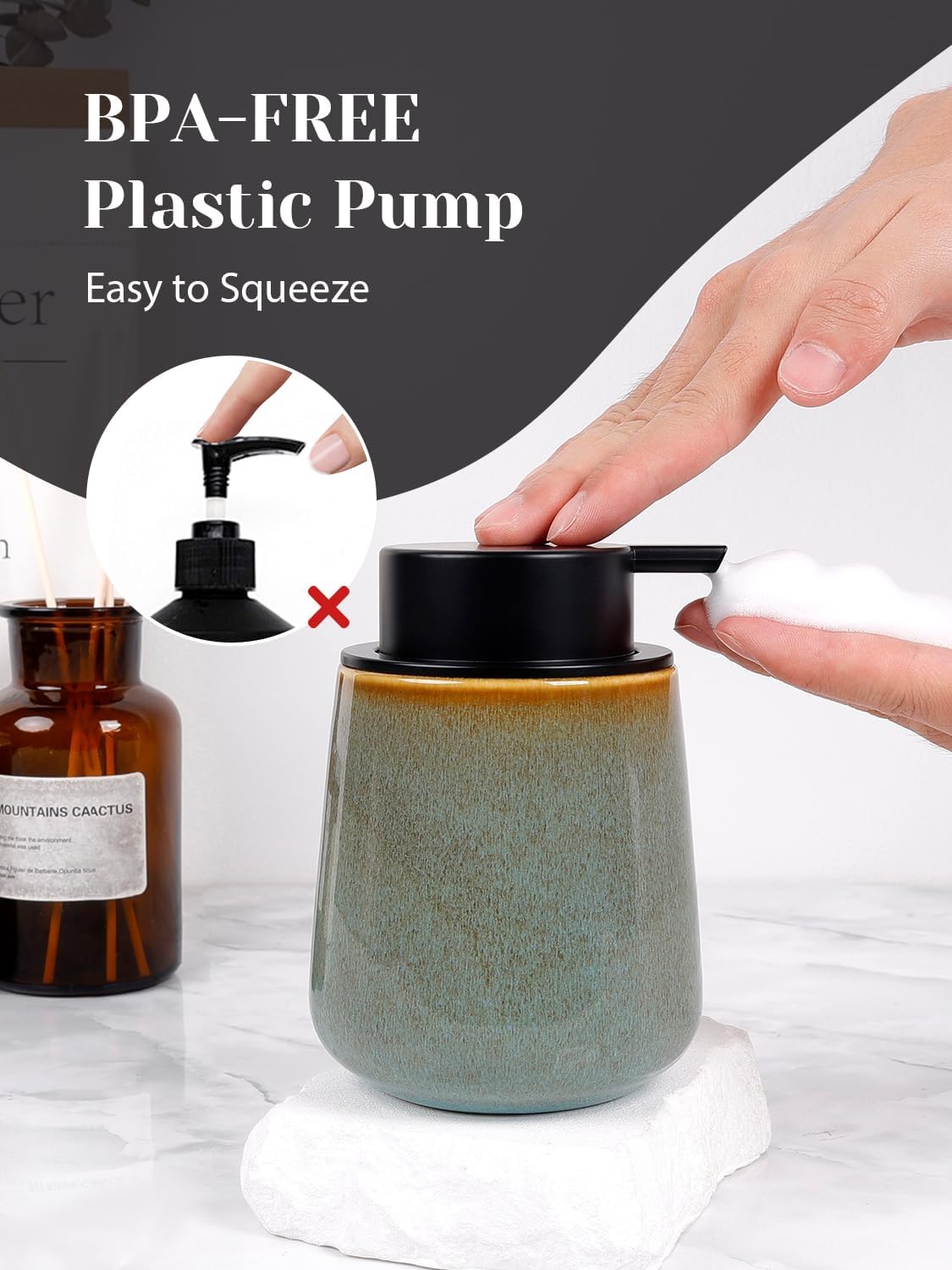 INGOFIN Ceramic Foaming Soap Dispenser -12oz Foam Hand Soap Dispenser Bathroom, Modern Refillable