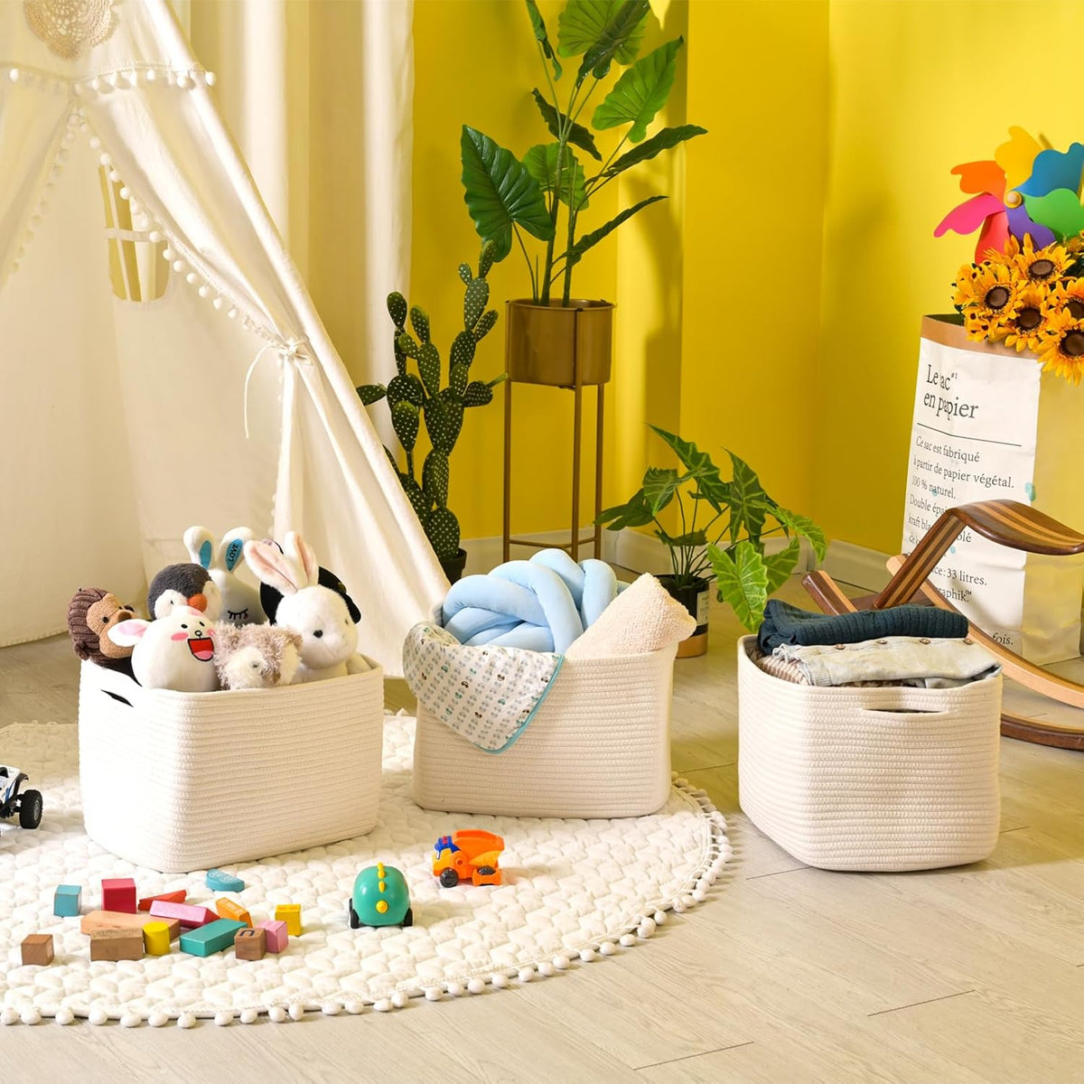 Storage Baskets for Organizing Shelves, Woven Cotton Rope Bins for Baby Nursery Organization, Book