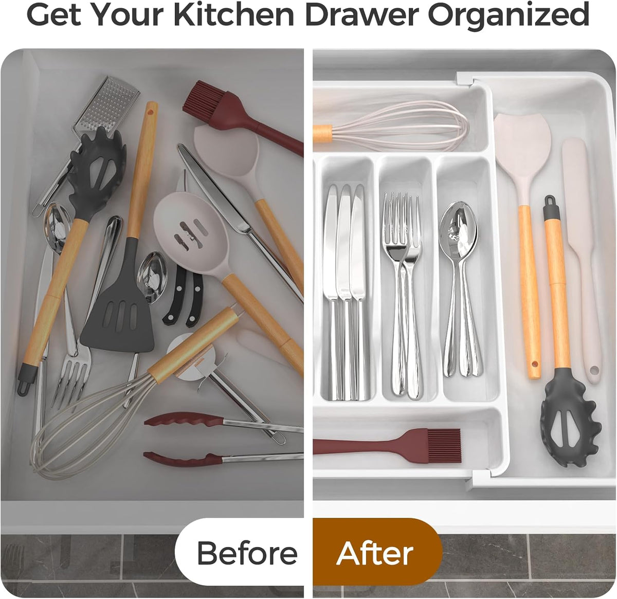 Extra Large Expandable Silverware Organizer, BPA-Free Food-Safe Cutlery Flatware Organizer, Kitchen