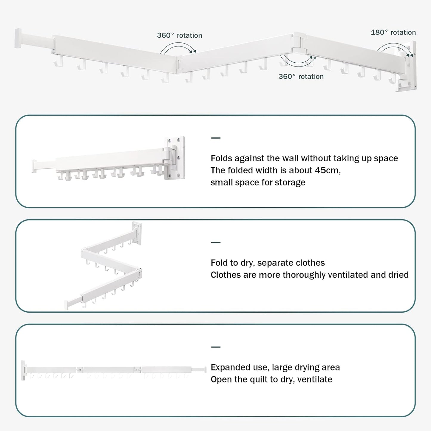 Wall Mounted Clothes Drying Rack, Collapsible, Folding, Retractable - Clothes Hanging Rack (Hooks