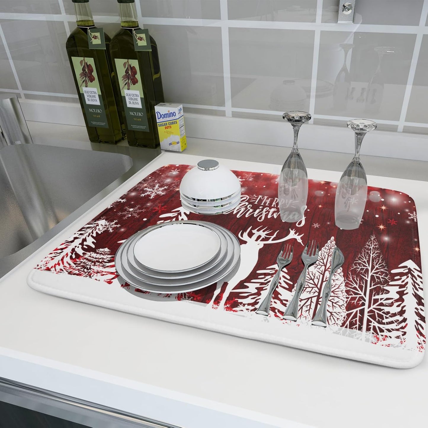 Merry Christmas Dish Drying Mats for Kitchen Counter 18x24 Inch Christmas Tree Kitchen Mat