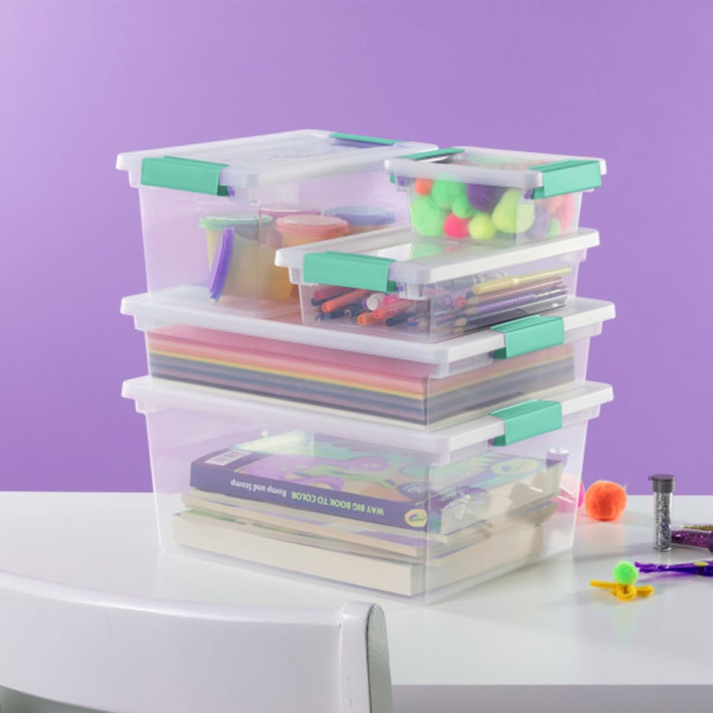 Sterilite 6-Pack Clip Box, Stackable Clear Plastic Bins with Latching Lids, Small - Writing, Arts