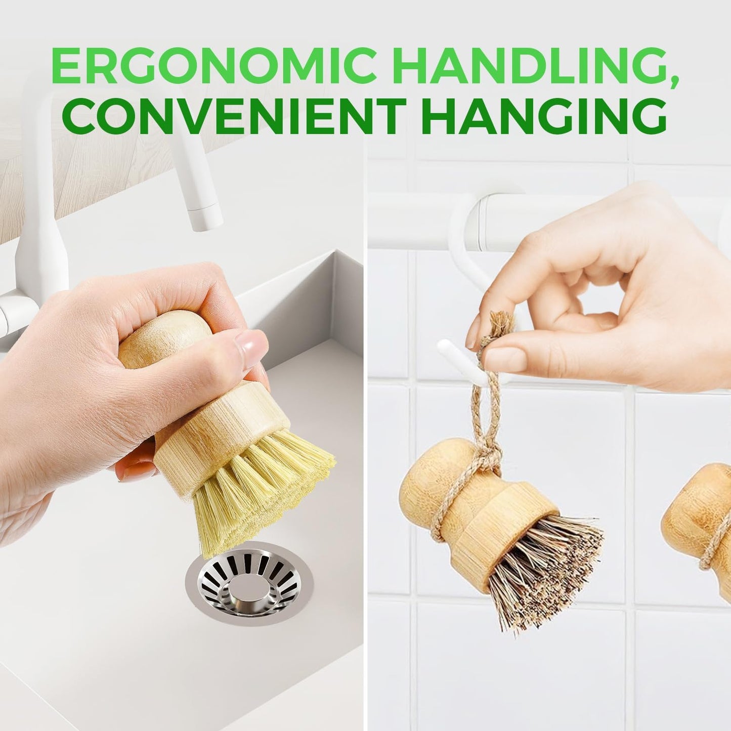 Bamboo Dish Brush Set of 3-100% Plastic Free Kitchen Scrubber with Medium Stiff Sisal and Strong