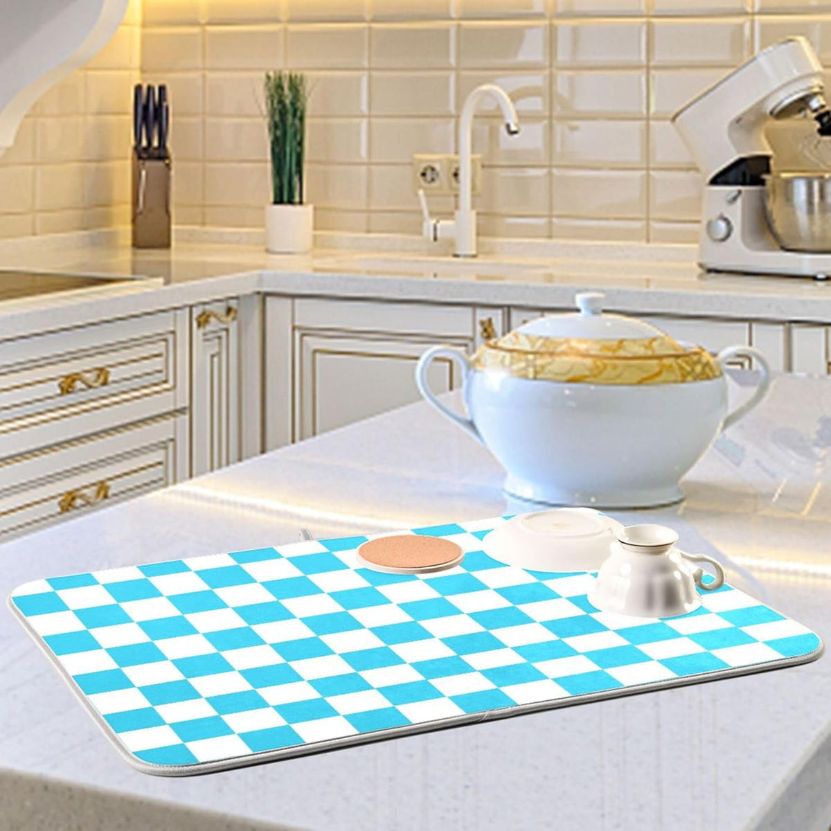 Turquoise Chessboard Dish Drying Mat for Kitchen Countertop 18x24 Teal Plaid Checkered Rectangle