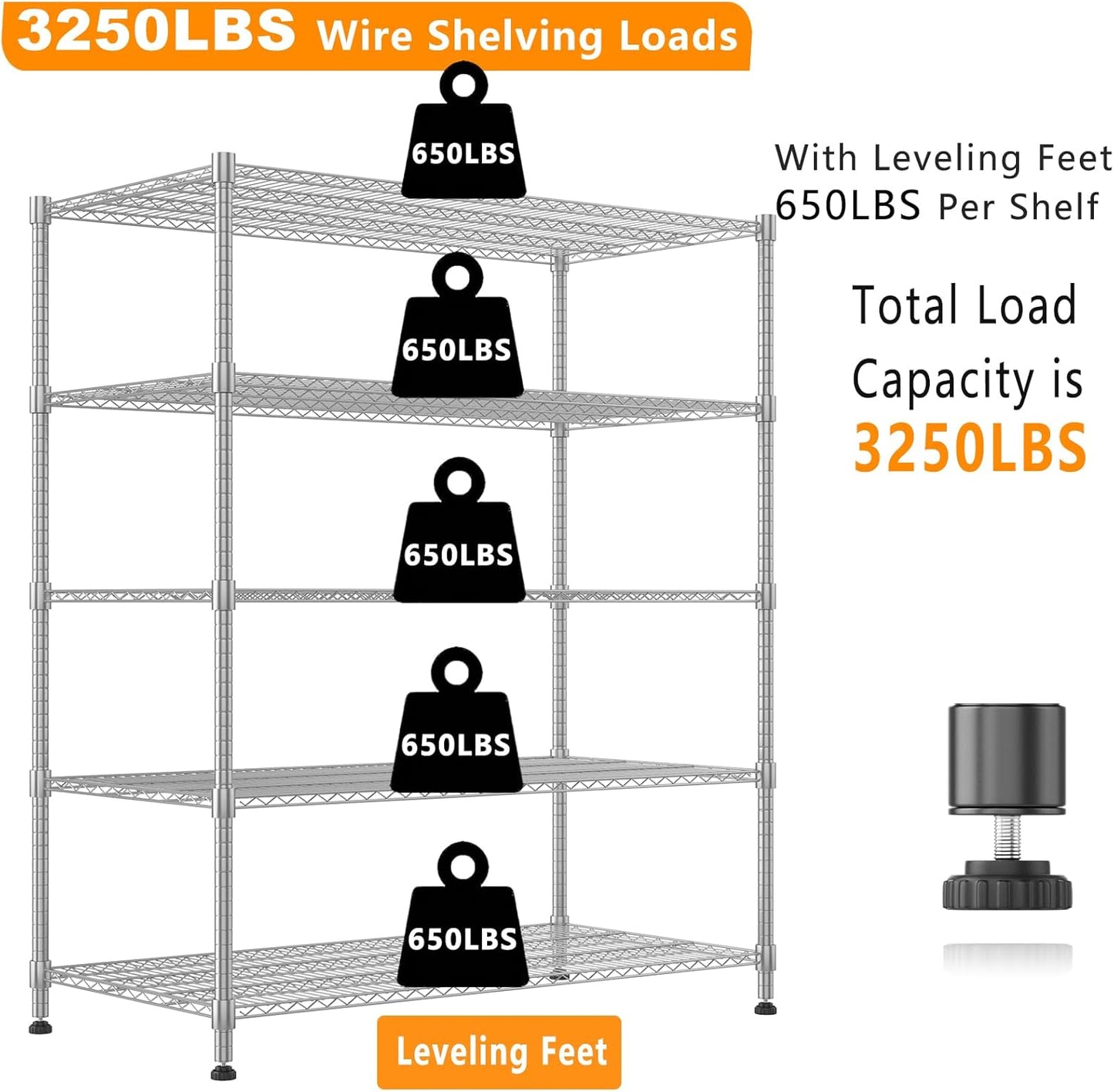 Himimi 60" W Storage Shelves, 5-Tier Wire Shelving with Wheels 3250LBS Heavy Duty Metal Shelves for