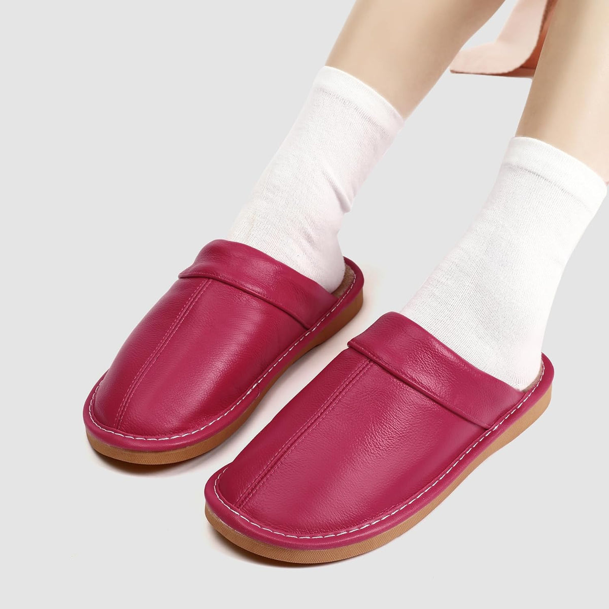 Slippers for Women Men, Genuine Leather Slippers Indoor Outdoor, Fuzzy Bedroom House Shoes for