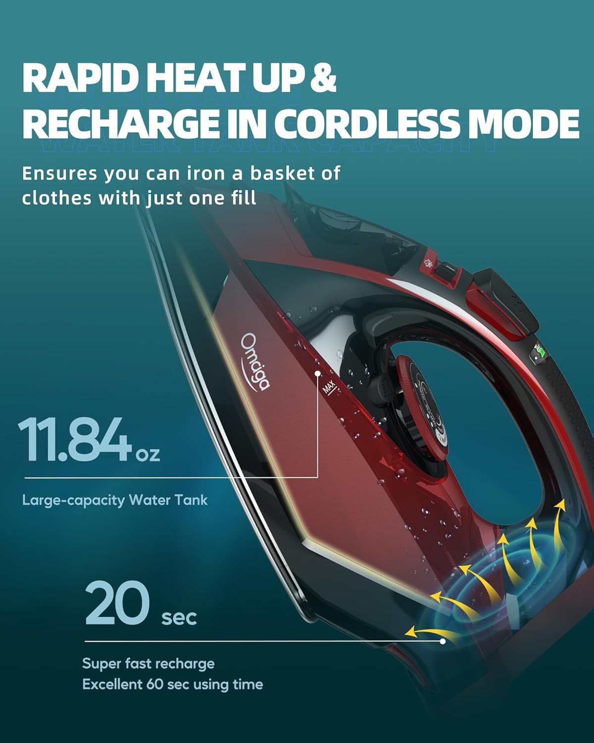 Cordless Iron for Clothes - 1500W Steam Iron with Non-Stick Ceramic Soleplate, Rapid Heating, Auto