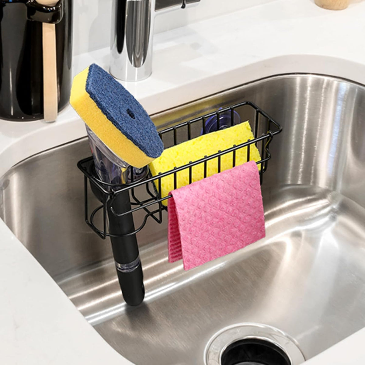 3-In-1 Sponge Holder for Kitchen Sink, 2 Type Suspension Options (Suction Cups & Adhesive Hook)