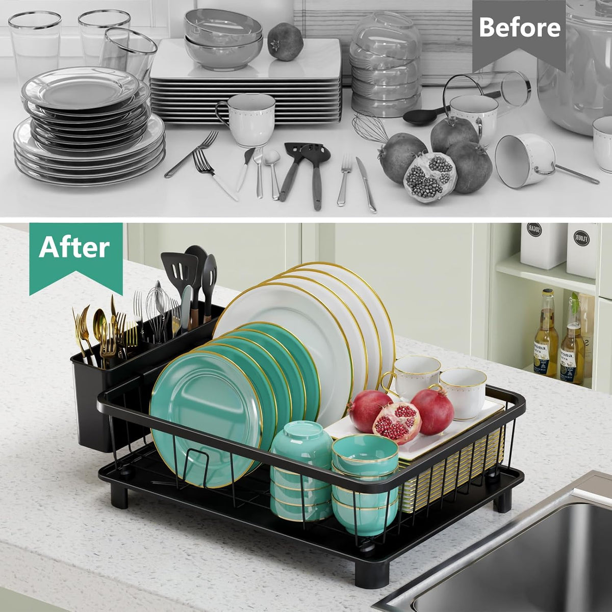 Dish Drying Rack - Space-Saving Dish Rack,Dish Racks for Kitchen Counter with Drainboard, Rustproof