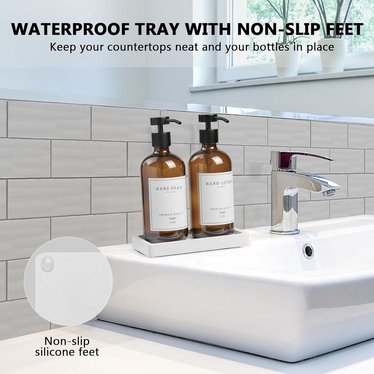 Amber Glass Soap Dispenser - Dish Hand Soap Dispenser for Kitchen, Bathroom Soap Lotion Dispenser