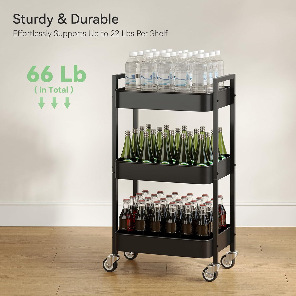 3 Tier Rolling Cart,Utility Cart with Locking Wheels, Hanging Cups & Hooks, Heavy Duty Metal