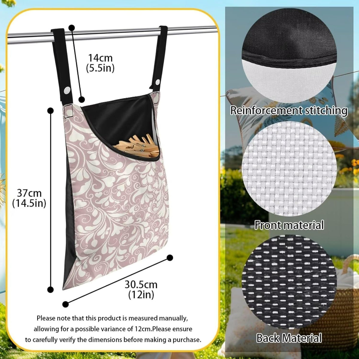 High Capacity Clothespin Holder Bag 14.5x12 Inches - Durable Outdoor Storage with Wide Opening for