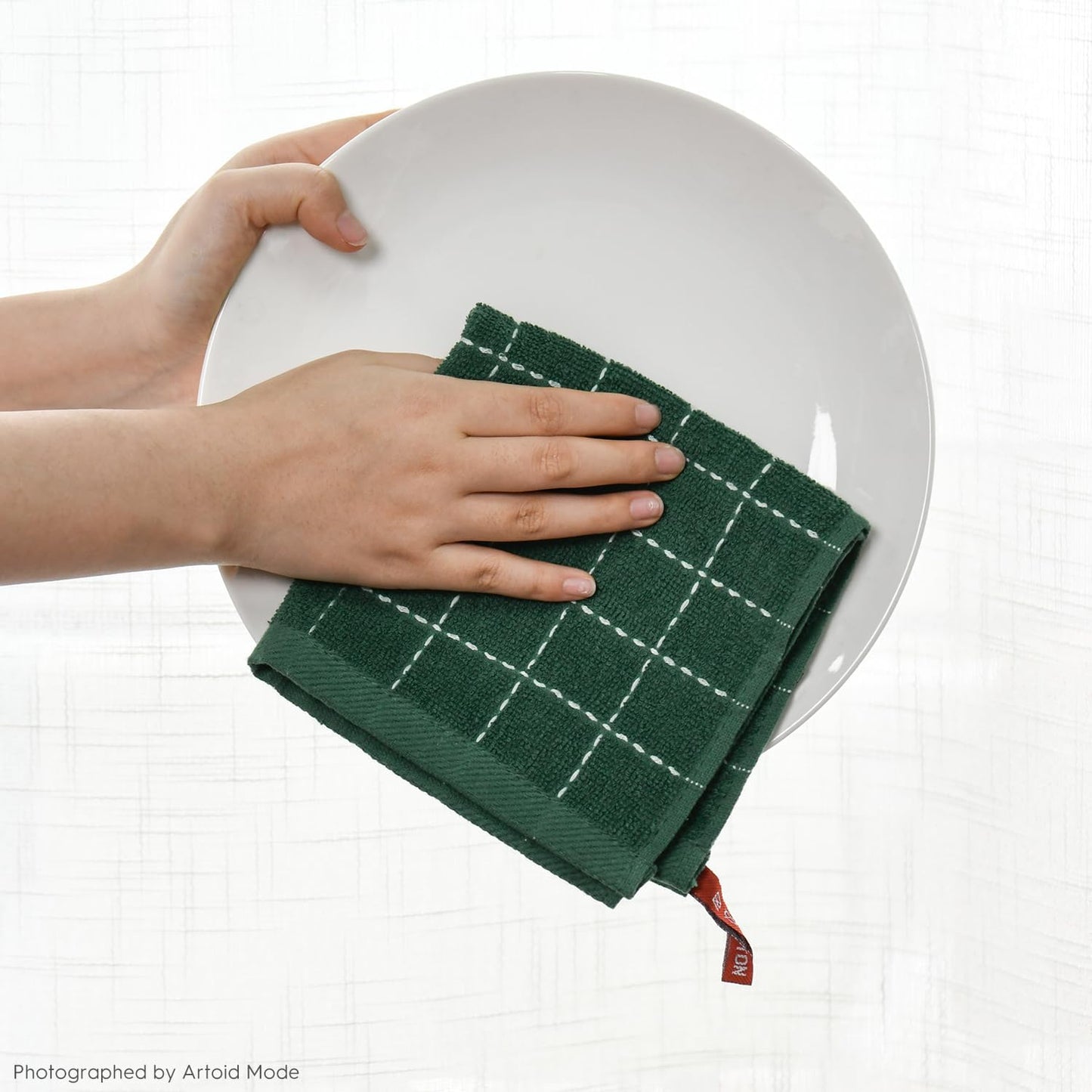 Artoid Mode Checkered Designed Cotton Green Terry Kitchen Dish Cloths, 12x12 Inch Soft Absorbent