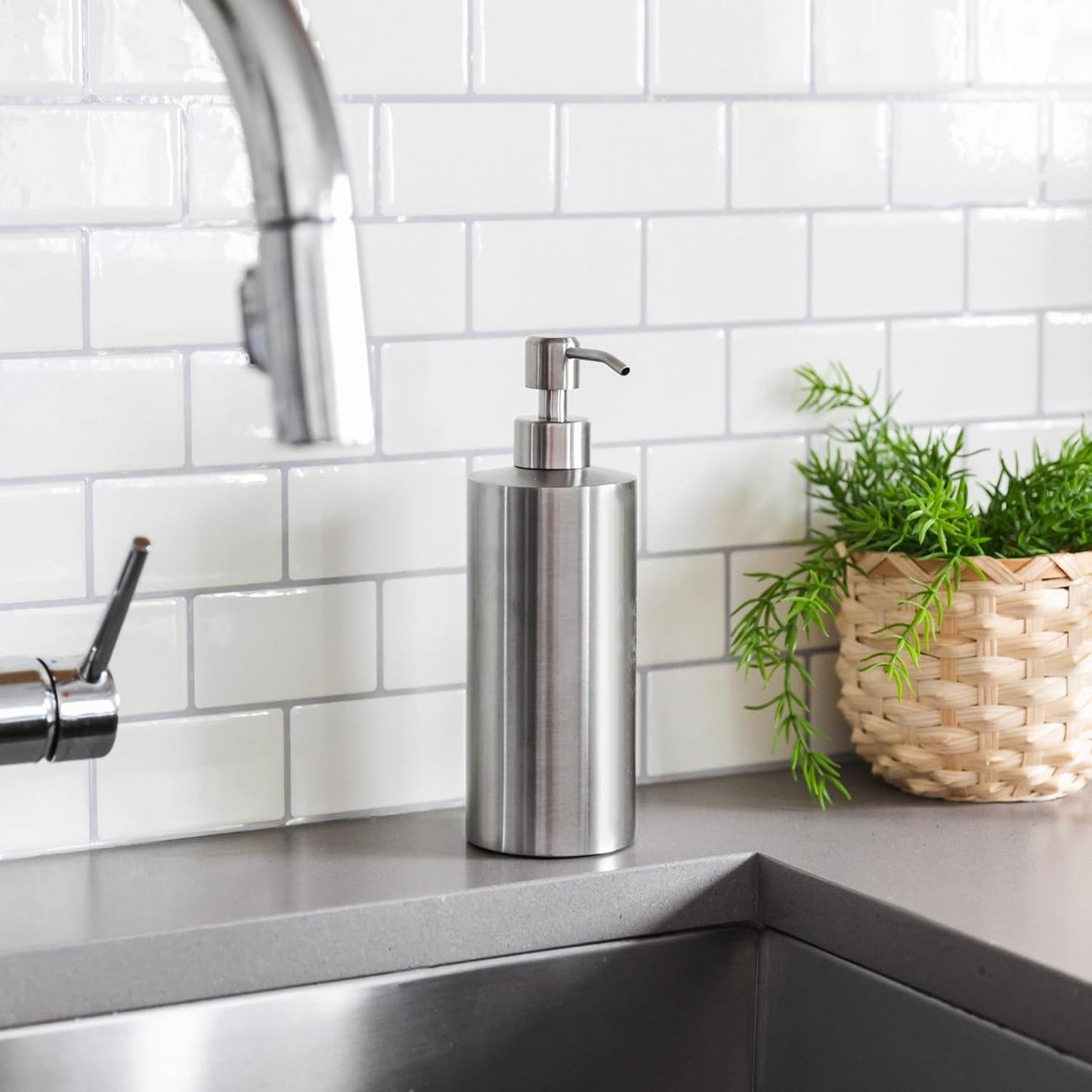 Silver Soap Dispenser Stainless Steel for Bathroom and Kitchen Sink, 15oz Refillable Round