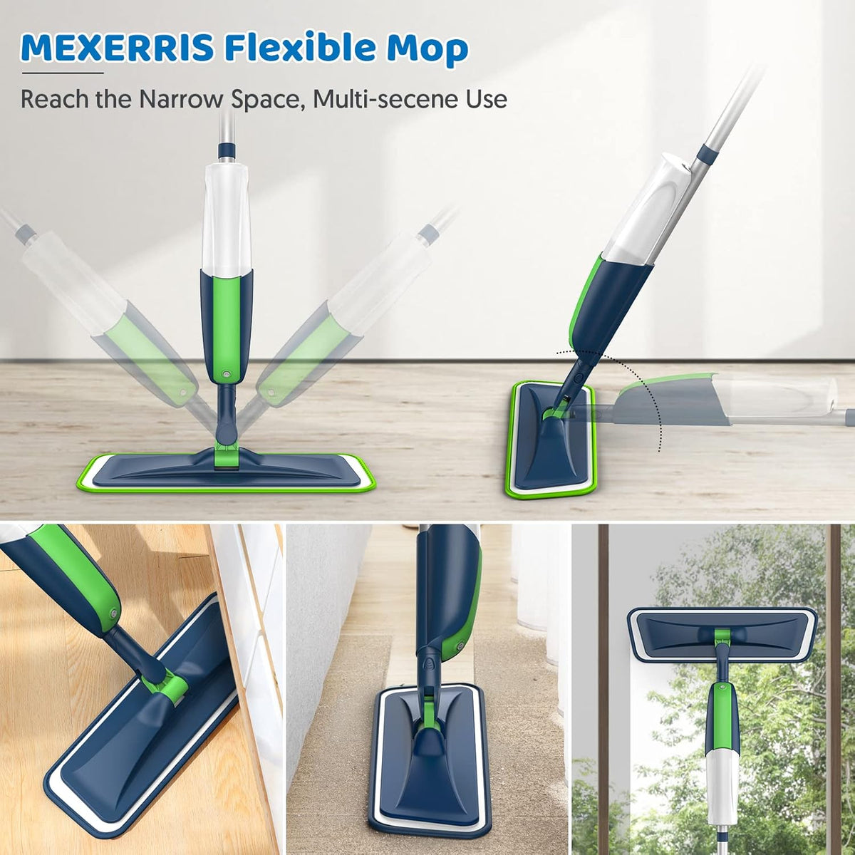 MEXERRIS Spray Wet Mops with 5X Washable Pads for Floor Cleaning, Dust Mops with 2X Bottles