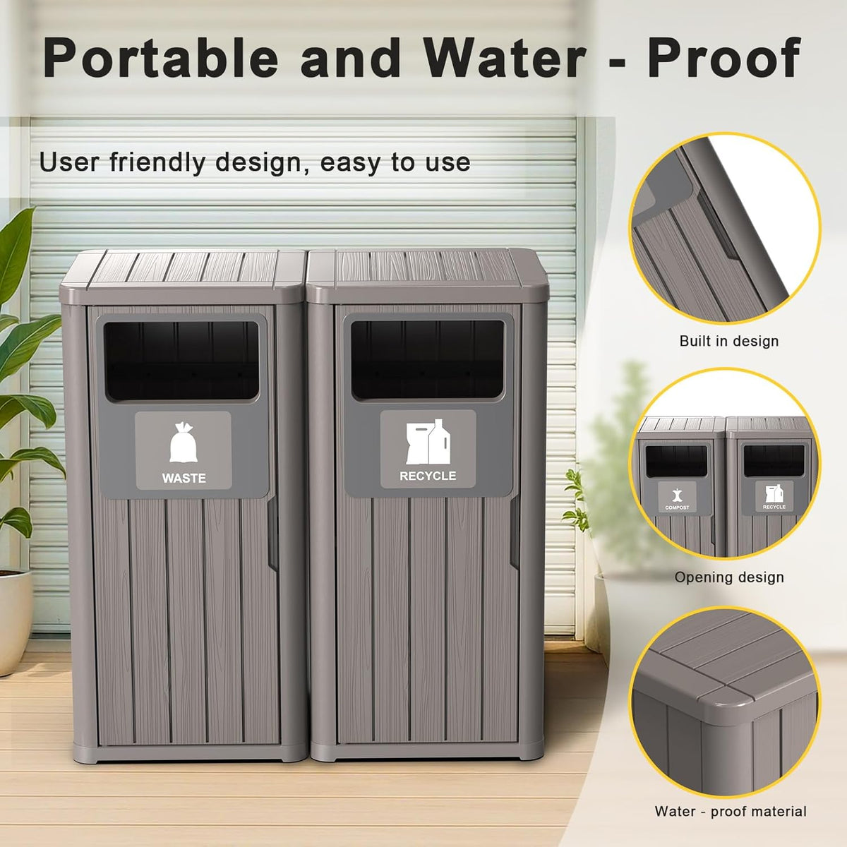 Outdoor Double Barrel Trash Can,Waterproof Resin Garbage Can with Garbage Labels,Durable Waste Bin