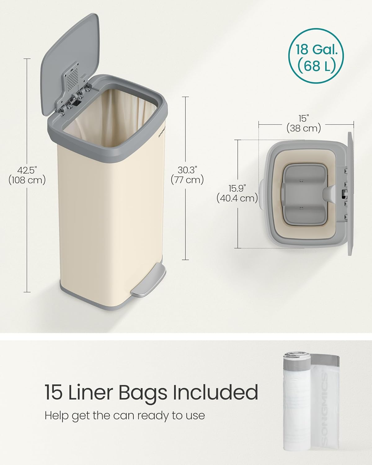 SONGMICS Kitchen Trash Can, 18-Gallon Stainless Steel Garbage Can, with Stay-Open Lid and Step-on