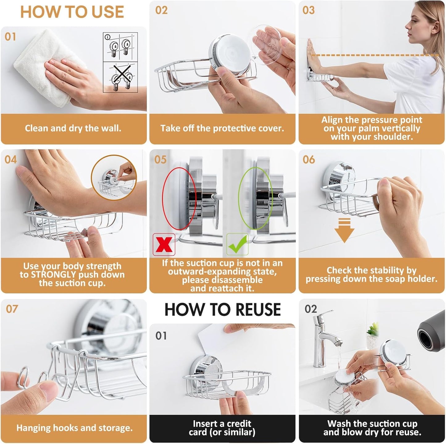 LEVERLOC Bar Soap Holder Dish with Hooks, Soap Tray Suction Cup Wall Mounted for Shower, Stainless