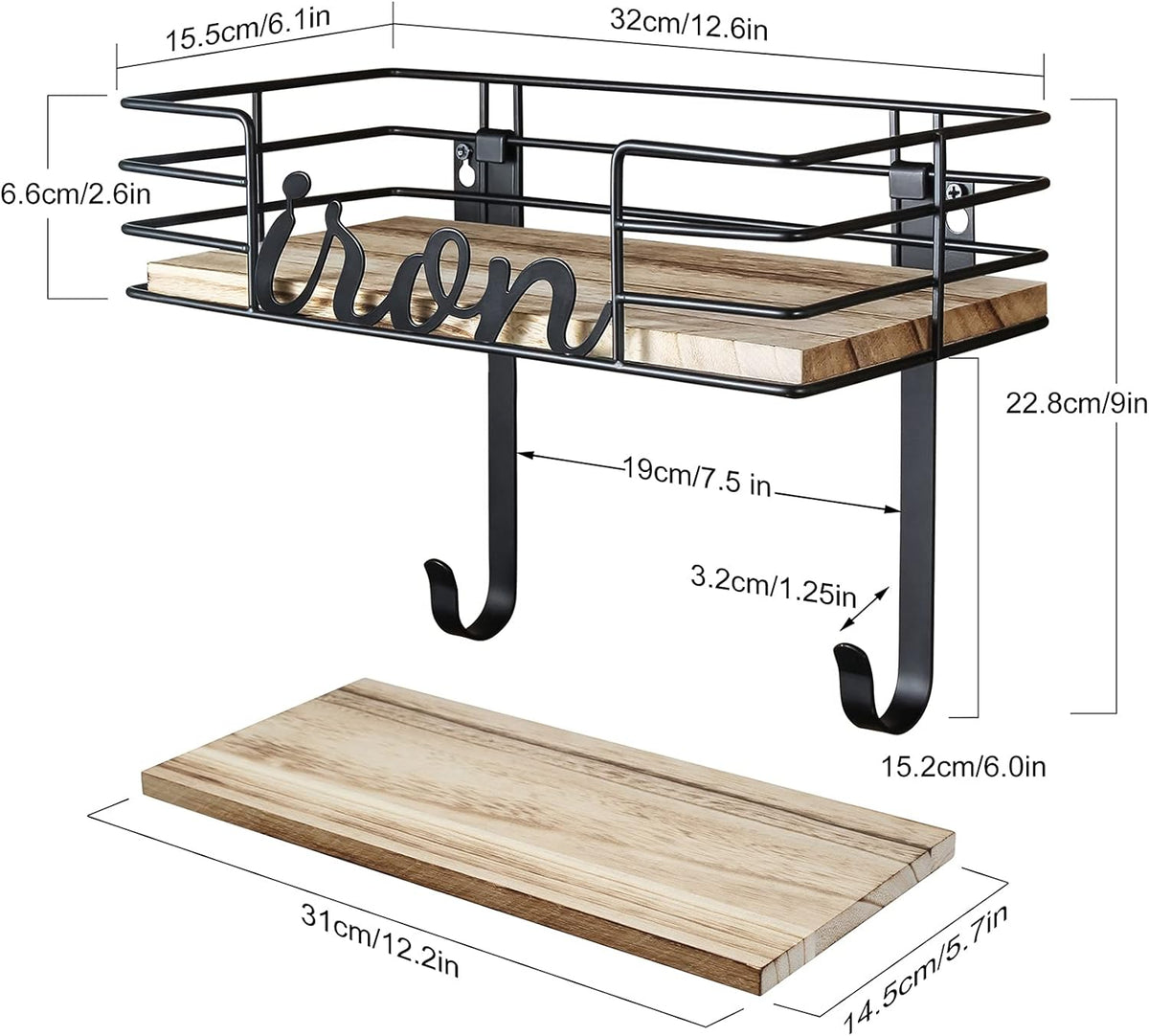 TJ.MOREE Hanger wall mount - Laundry Room Iron and ironing board Holder, Metal with Large Storage