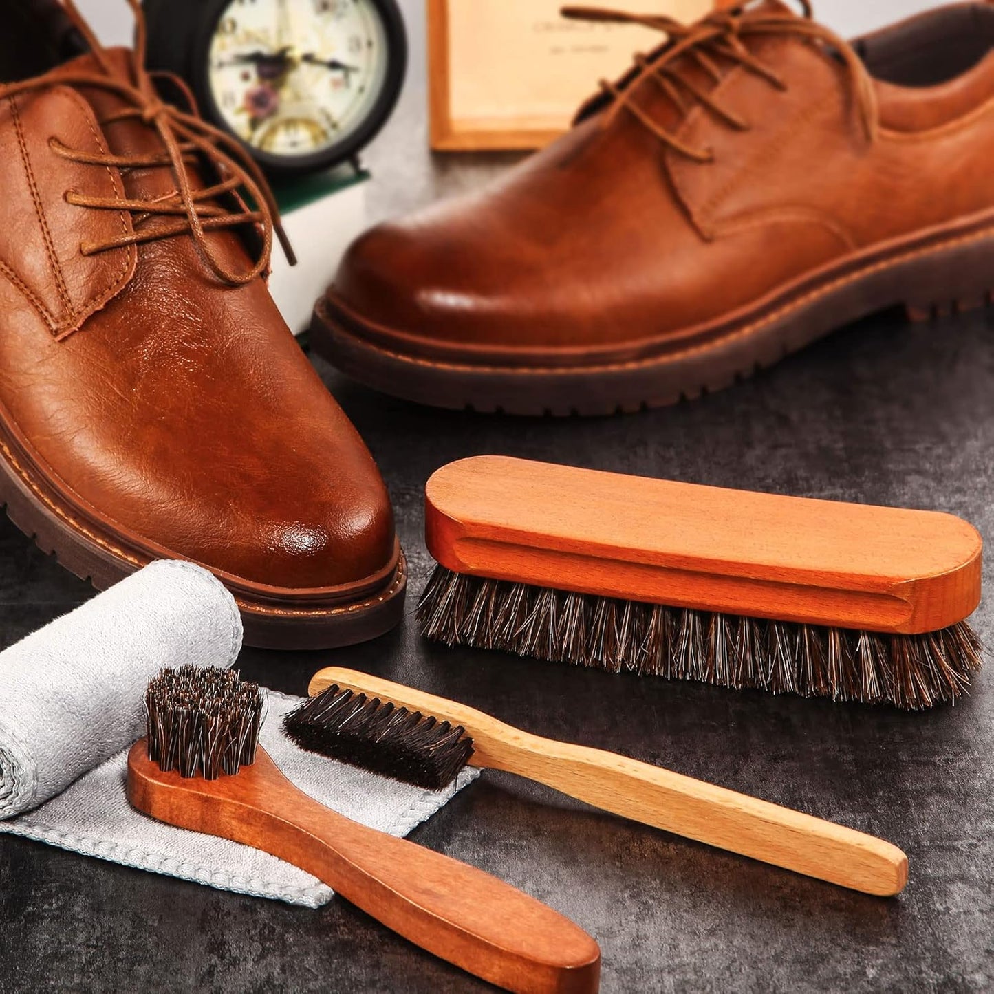 4 Pcs Horsehair Shine Shoes Brush Kit Polish Dauber Applicators Cleaning Leather Shoes Boots Care